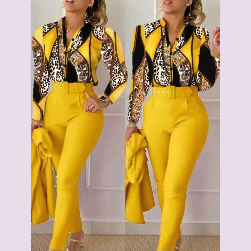 KIMLUD, Elegant Women Shirt Two Piece Set Suits Fall New Fashion Print Long Sleeve Top Black Pants Set With Belt Blouses Female Clothing, Yellow / XL, KIMLUD APPAREL - Womens Clothes