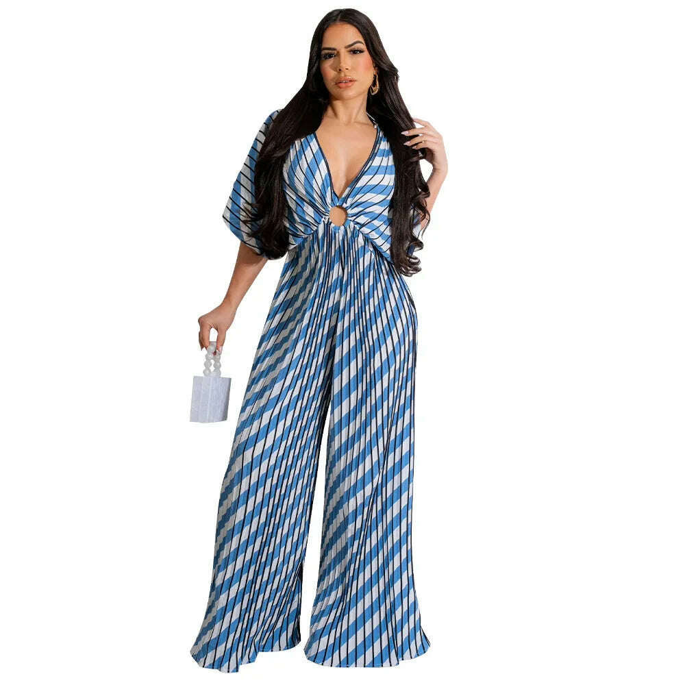 Elegant Women's Printed Pleated Jumpsuit Summer Sexy V-neck Short Sleeve Print High Waist Wide-leg Pants Casual Loose Jumpsuit - KIMLUD