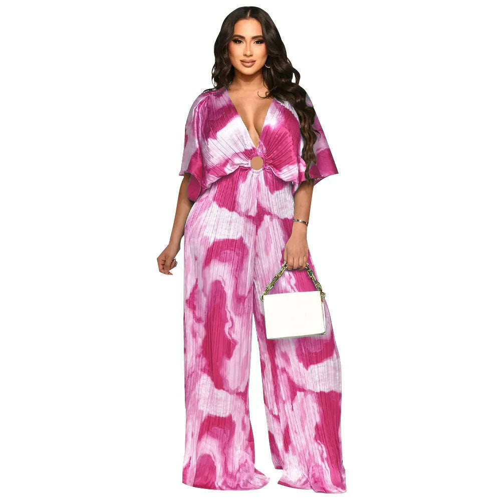 Elegant Women's Printed Pleated Jumpsuit Summer Sexy V-neck Short Sleeve Print High Waist Wide-leg Pants Casual Loose Jumpsuit - KIMLUD