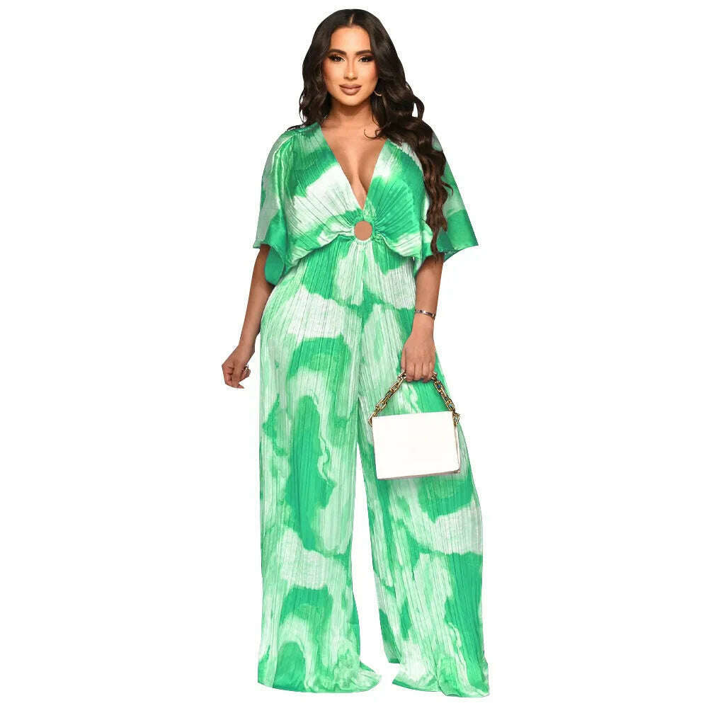 Elegant Women's Printed Pleated Jumpsuit Summer Sexy V-neck Short Sleeve Print High Waist Wide-leg Pants Casual Loose Jumpsuit - KIMLUD