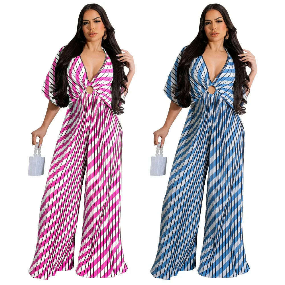 Elegant Women's Printed Pleated Jumpsuit Summer Sexy V-neck Short Sleeve Print High Waist Wide-leg Pants Casual Loose Jumpsuit - KIMLUD