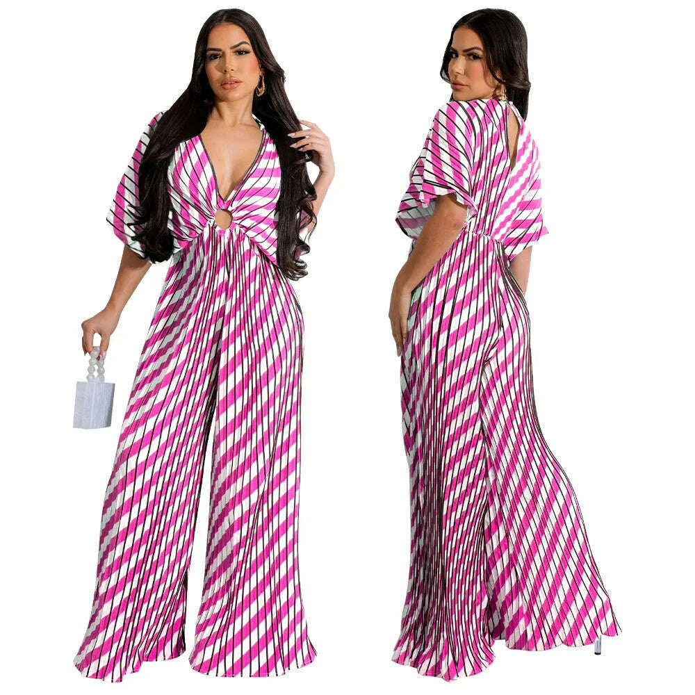 KIMLUD, Elegant Women's Printed Pleated Jumpsuit Summer Sexy V-neck Short Sleeve Print High Waist Wide-leg Pants Casual Loose Jumpsuit, KIMLUD Womens Clothes