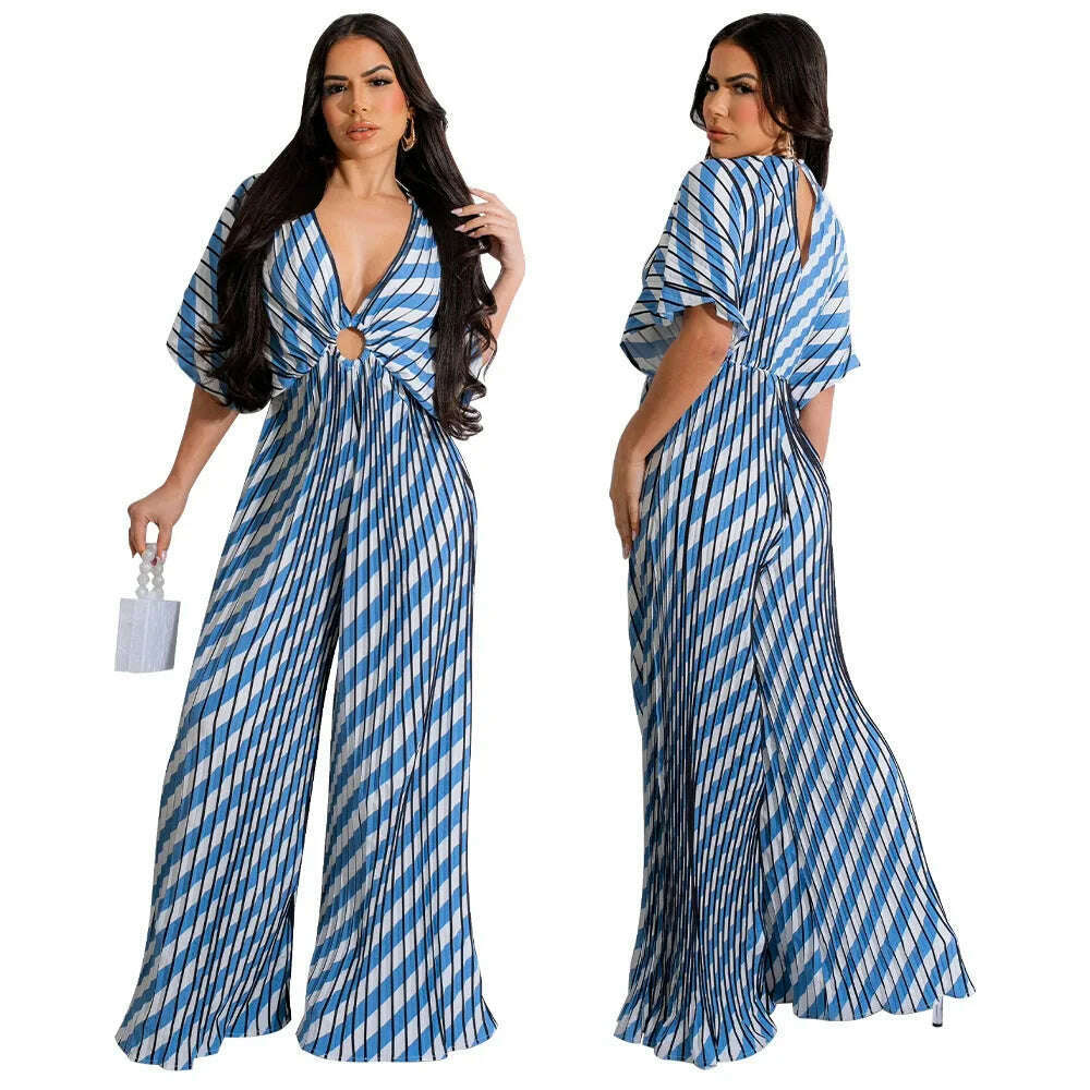 KIMLUD, Elegant Women's Printed Pleated Jumpsuit Summer Sexy V-neck Short Sleeve Print High Waist Wide-leg Pants Casual Loose Jumpsuit, KIMLUD Womens Clothes