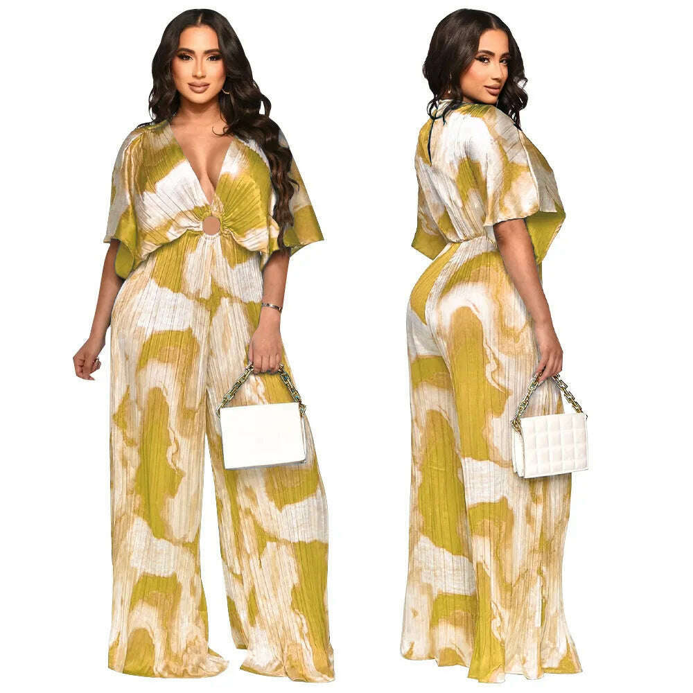 Elegant Women's Printed Pleated Jumpsuit Summer Sexy V-neck Short Sleeve Print High Waist Wide-leg Pants Casual Loose Jumpsuit - KIMLUD