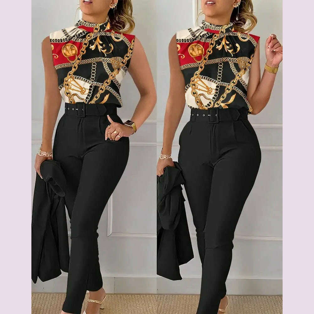 KIMLUD, Elegant Women's Two Piece Set Suits Fashion Printed Sleevelss Top black Pants Set With Belt Blouses 2 Piece Set Female Clothing, Black / S, KIMLUD APPAREL - Womens Clothes