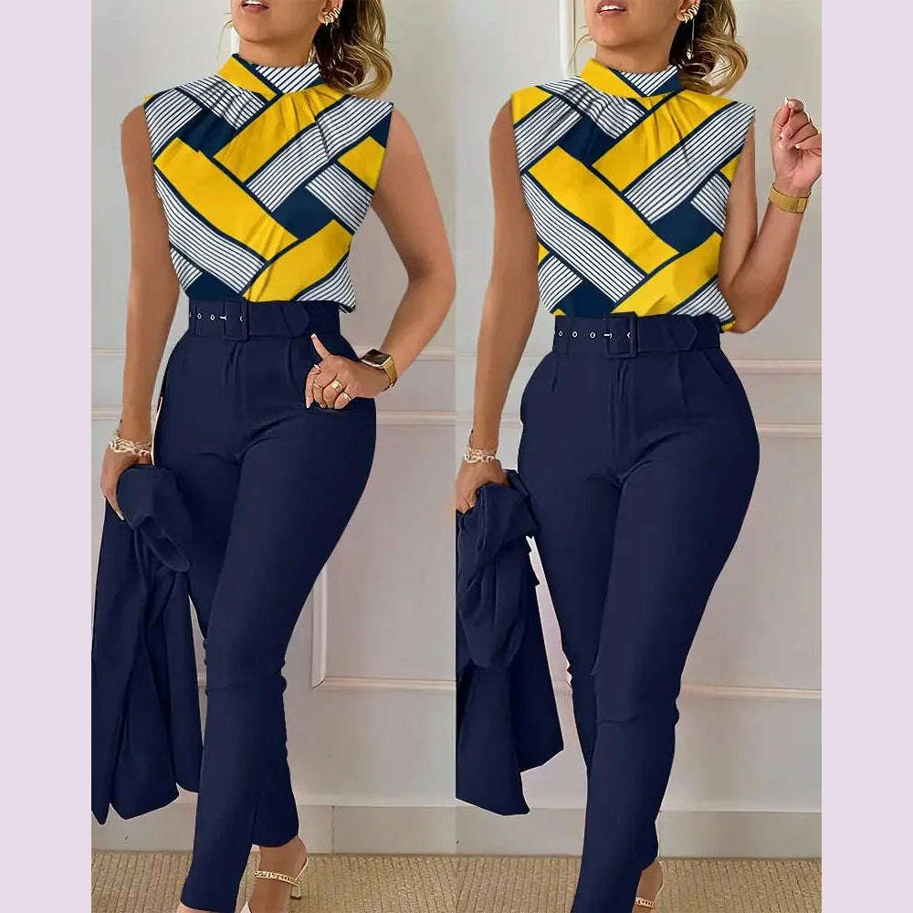 KIMLUD, Elegant Women's Two Piece Set Suits Fashion Printed Sleevelss Top black Pants Set With Belt Blouses 2 Piece Set Female Clothing, Navy Blue / S, KIMLUD APPAREL - Womens Clothes