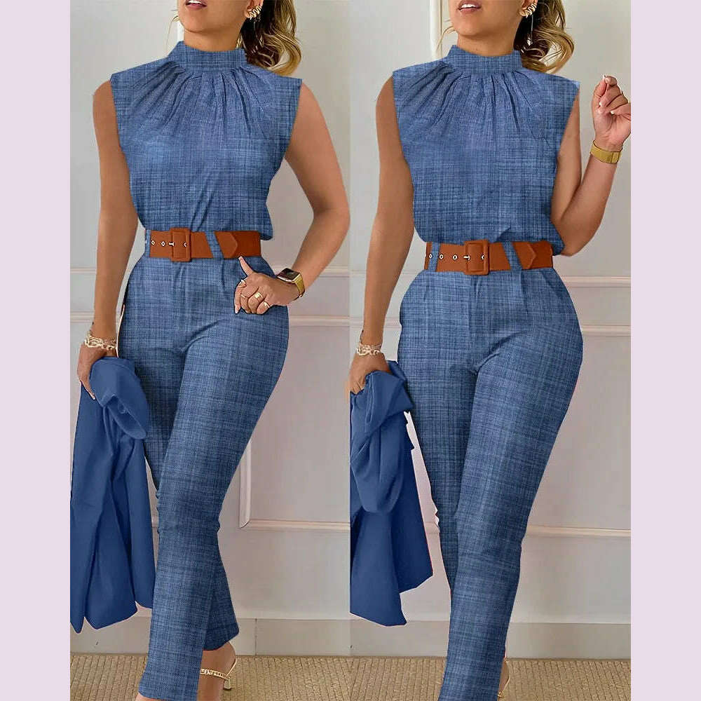 KIMLUD, Elegant Women's Two Piece Set Suits Fashion Printed Sleevelss Top black Pants Set With Belt Blouses 2 Piece Set Female Clothing, Blue / S, KIMLUD APPAREL - Womens Clothes