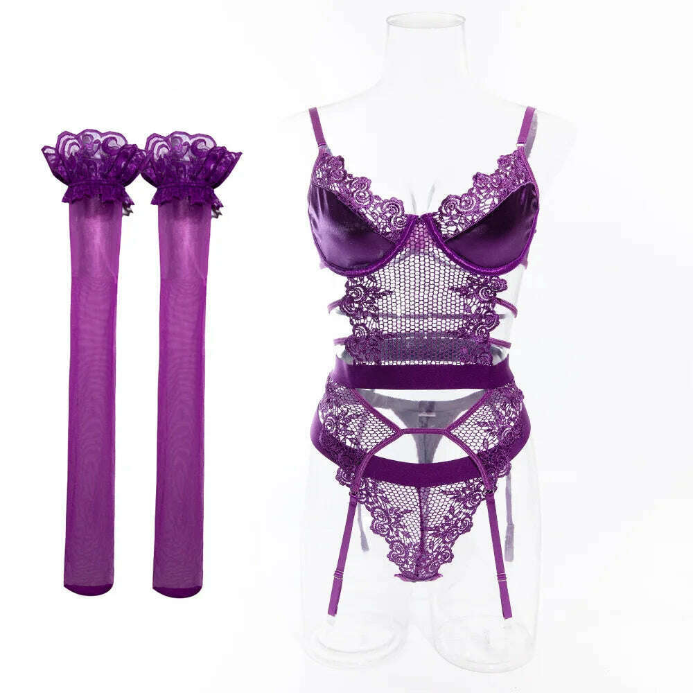 KIMLUD, Ellolace Purple Erotic Lingerie Complete Sexy Outfits Sissy G-String Thongs Lace Sex Costume Stockings Fantasy Adult Babydoll, Stocking Body / S, KIMLUD APPAREL - Womens Clothes