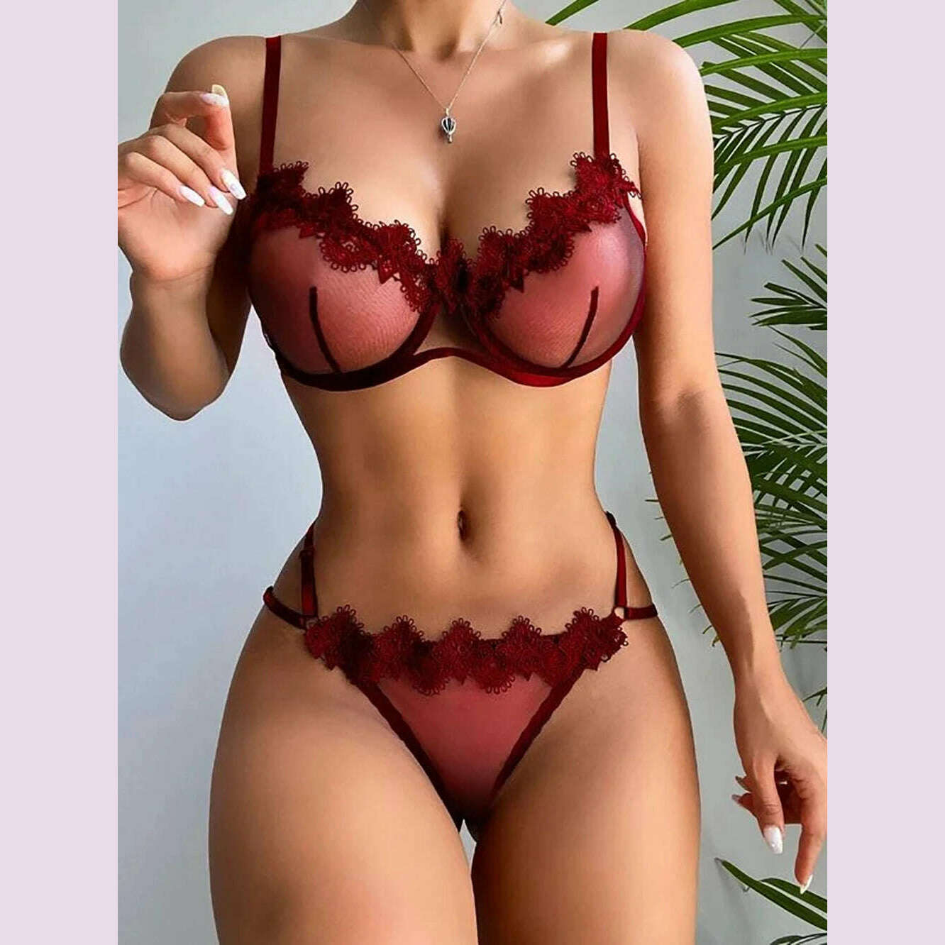 KIMLUD, Ellolace Sensual Lingerie Woman Transparent Lace Exotic Costumes Sheer Porn Intimate 2-Piece Underwire Bra Thongs Sexy Outfit, KIMLUD Womens Clothes