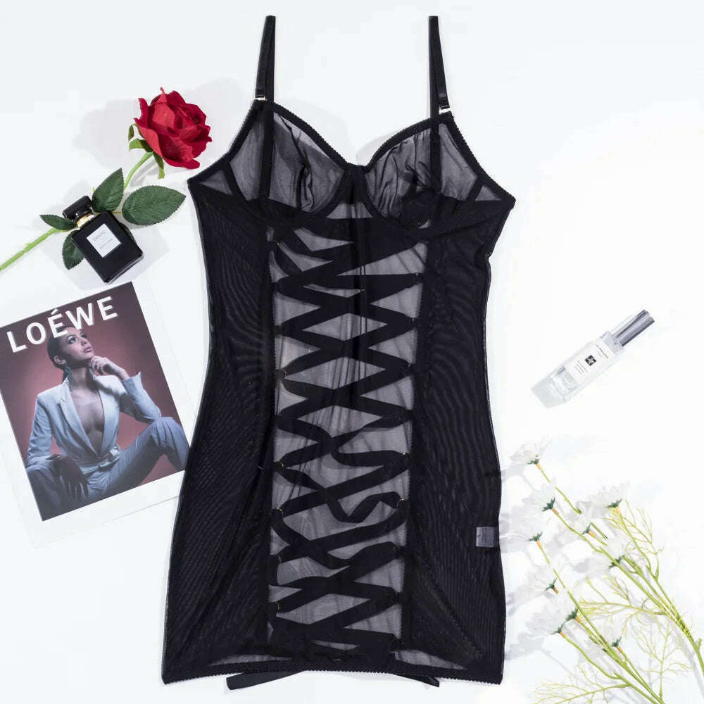 KIMLUD, Ellolace Sexy Cutout Tie Backless Dress Sheer Lace Erotic See Through Lingerie Transparent Porn Night Dress Lace Up Babydoll, Black / S, KIMLUD APPAREL - Womens Clothes