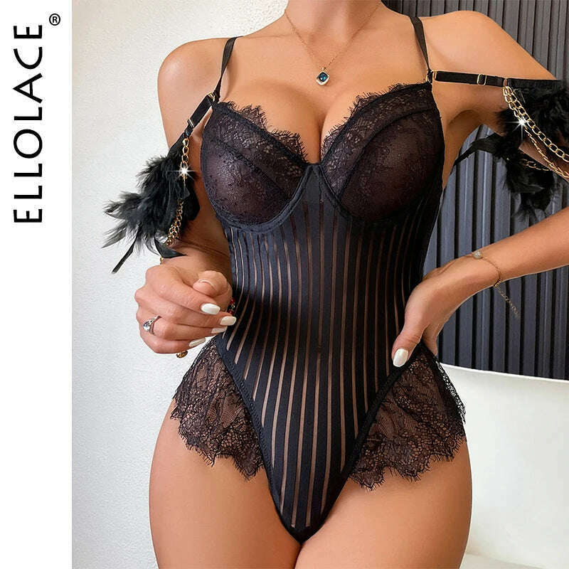 KIMLUD, Ellolace Strip Bodysuit With Feather Fantasy Bodysuit One Pieces Ultra-Thin Body Suit See-Through Kinky Back Night Sexy Tops, KIMLUD Womens Clothes