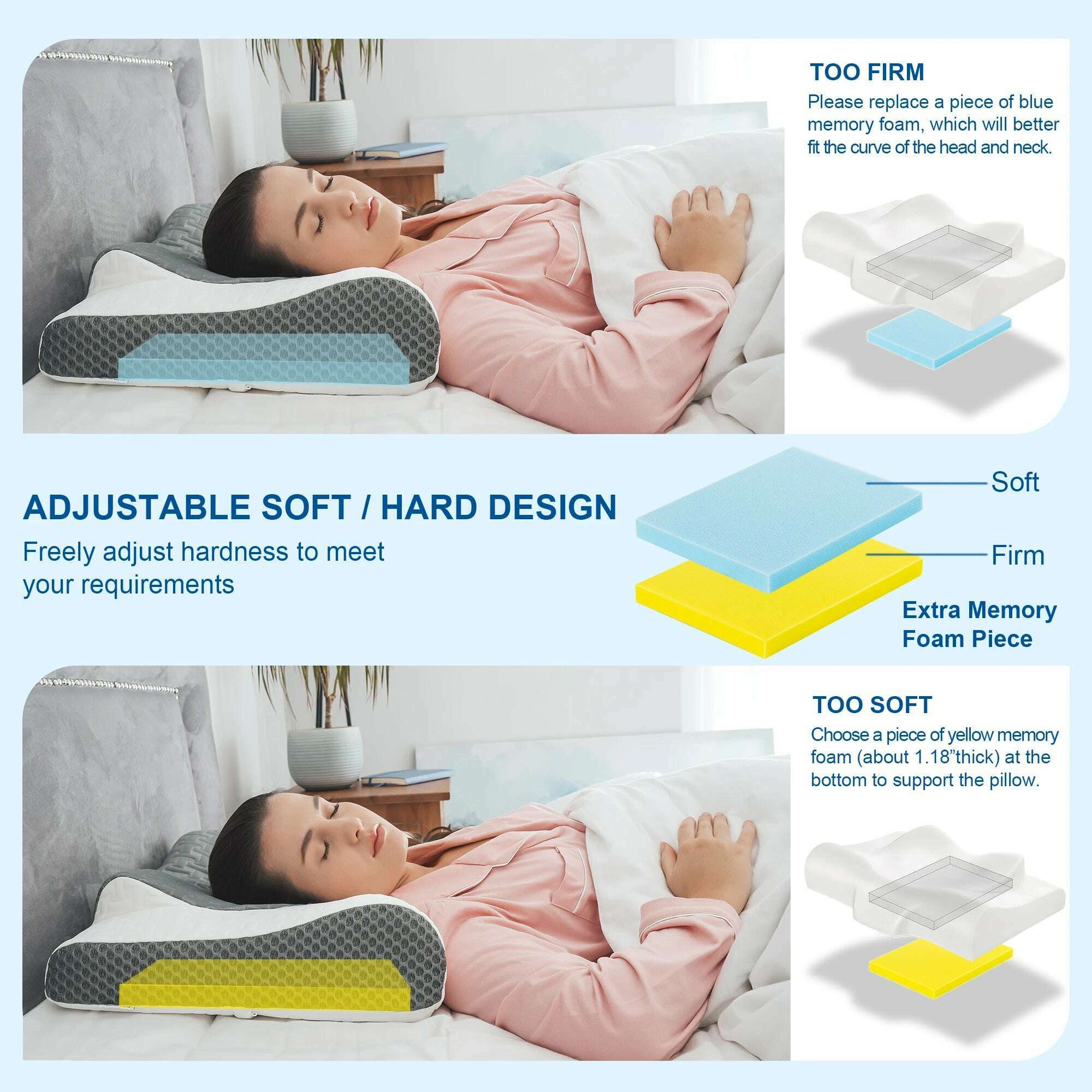 Elviros Adjustable Firmness Cervical Pillow, Ergonomic Orthopedic Neck Support Pillow For Side, Back And Stomach Sleepers - KIMLUD