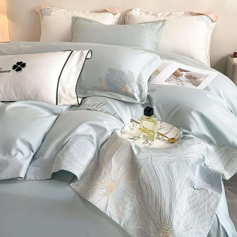 KIMLUD, Embroidery 100% Cotton Bedding Set Luxury Home Textile Duvet Cover Set 220x240 High End Hepburn Style Skin Friendly Bedding Sets, 3 / US Full Size 4 pcs, KIMLUD APPAREL - Womens Clothes