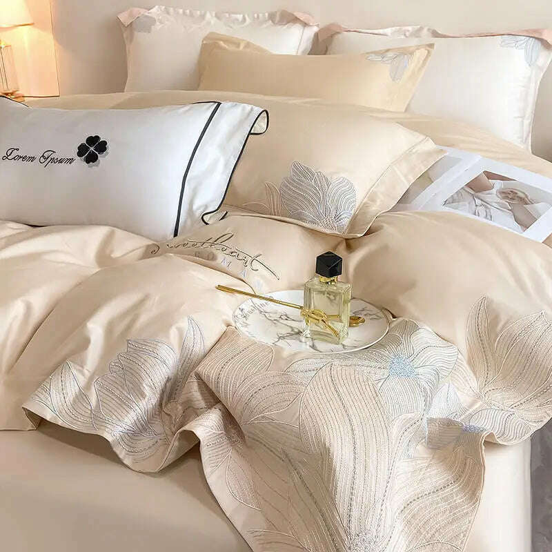 KIMLUD, Embroidery 100% Cotton Bedding Set Luxury Home Textile Duvet Cover Set 220x240 High End Hepburn Style Skin Friendly Bedding Sets, 4 / US Full Size 4 pcs, KIMLUD APPAREL - Womens Clothes