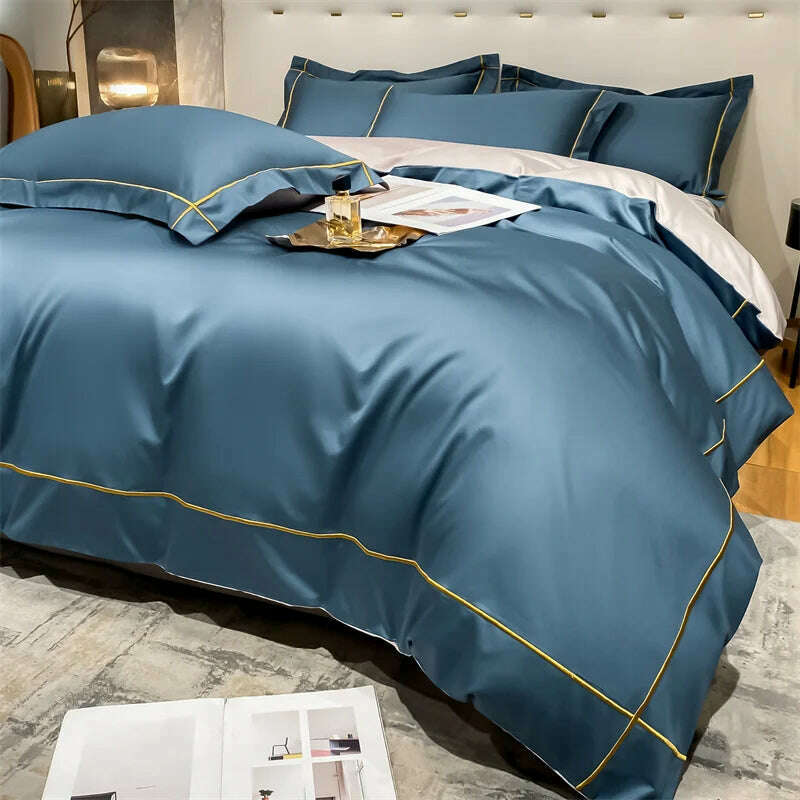 KIMLUD, Embroidery Bedding Sets Egyptian Cotton Bed Sheet Set Luxury Duvet Cover Bedsheet Bed Linen Pillowcase 5 Stars Hotel Bedclothes, Bentley Blue / Double Size 4pcs / Flat Bed Sheet, KIMLUD APPAREL - Womens Clothes