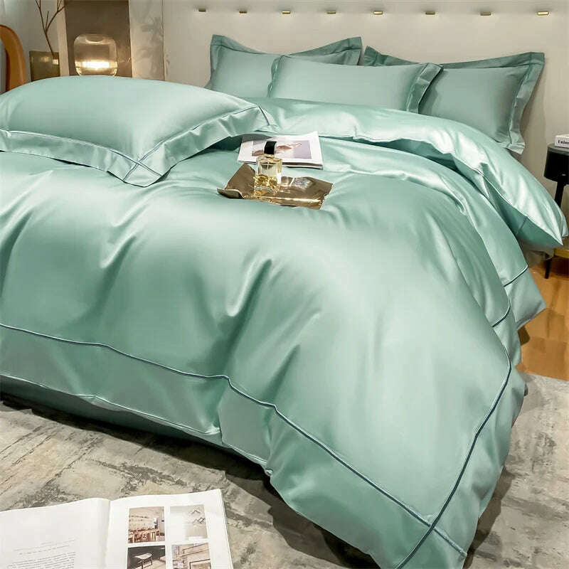 KIMLUD, Embroidery Bedding Sets Egyptian Cotton Bed Sheet Set Luxury Duvet Cover Bedsheet Bed Linen Pillowcase 5 Stars Hotel Bedclothes, Lake Green / Ru Europe Size 4pcs / Flat Bed Sheet, KIMLUD APPAREL - Womens Clothes