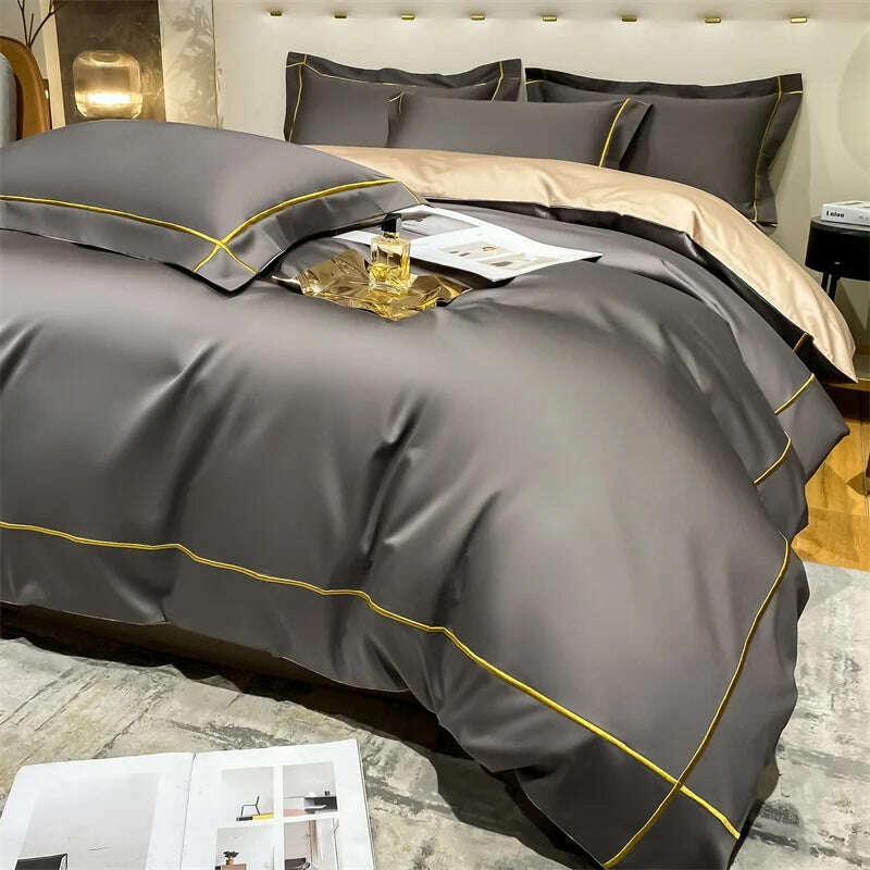 KIMLUD, Embroidery Bedding Sets Egyptian Cotton Bed Sheet Set Luxury Duvet Cover Bedsheet Bed Linen Pillowcase 5 Stars Hotel Bedclothes, Luxury Gray / Ru Europe Size 4pcs / Flat Bed Sheet, KIMLUD APPAREL - Womens Clothes