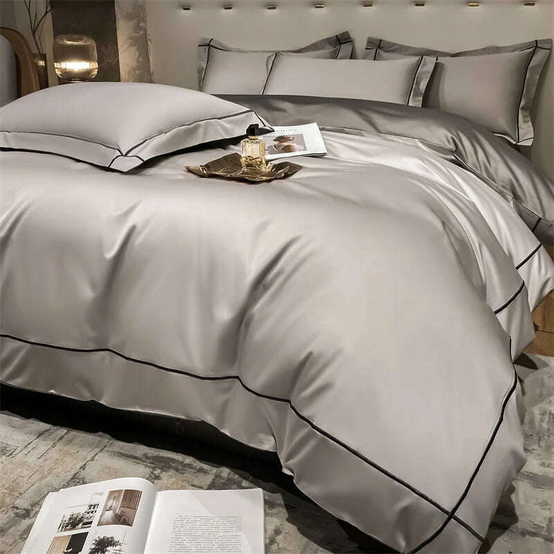 KIMLUD, Embroidery Bedding Sets Egyptian Cotton Bed Sheet Set Luxury Duvet Cover Bedsheet Bed Linen Pillowcase 5 Stars Hotel Bedclothes, Mountain Grey / Ru Europe Size 4pcs / Flat Bed Sheet, KIMLUD APPAREL - Womens Clothes