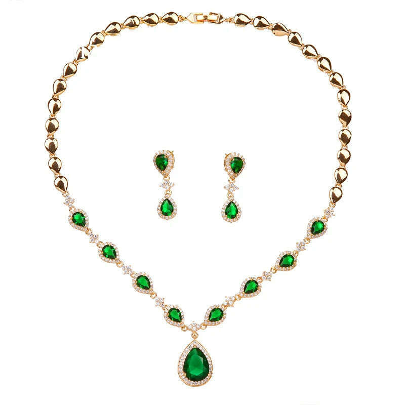 KIMLUD, Emmaya New Arrival Green Waterdrop Appearance Zirconia Charming Costume Accessories Earrings And Necklace Jewelry Sets, KIMLUD Womens Clothes