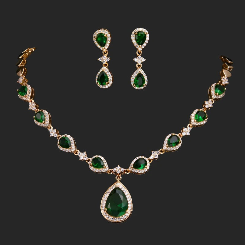 KIMLUD, Emmaya New Arrival Green Waterdrop Appearance Zirconia Charming Costume Accessories Earrings And Necklace Jewelry Sets, gold / Green, KIMLUD APPAREL - Womens Clothes