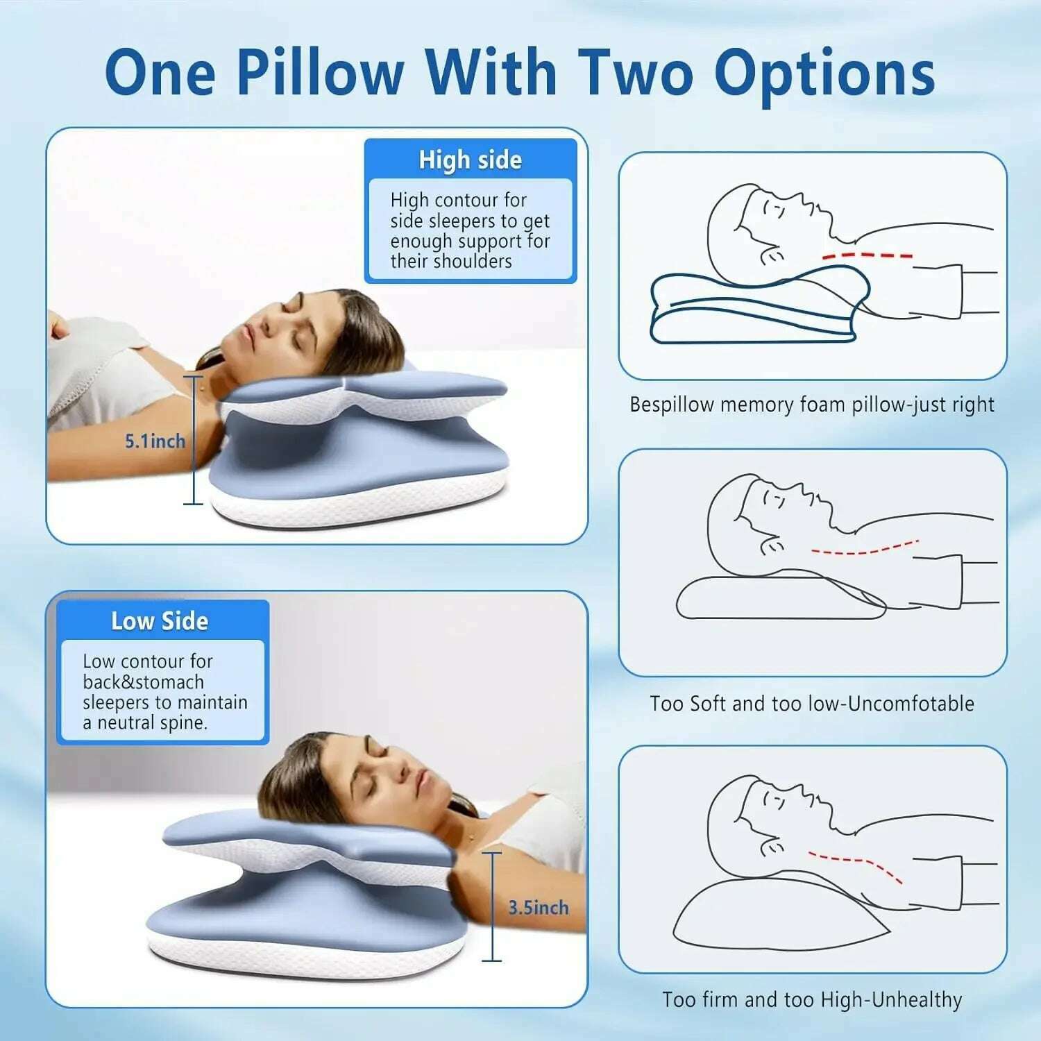 KIMLUD, Ergonomic Cervical Pillow Memory Foam Pillow Neck Pain Relief Comes With Ice Silk Pillowcase Adjustable  For Back Side Sleepers, KIMLUD Womens Clothes