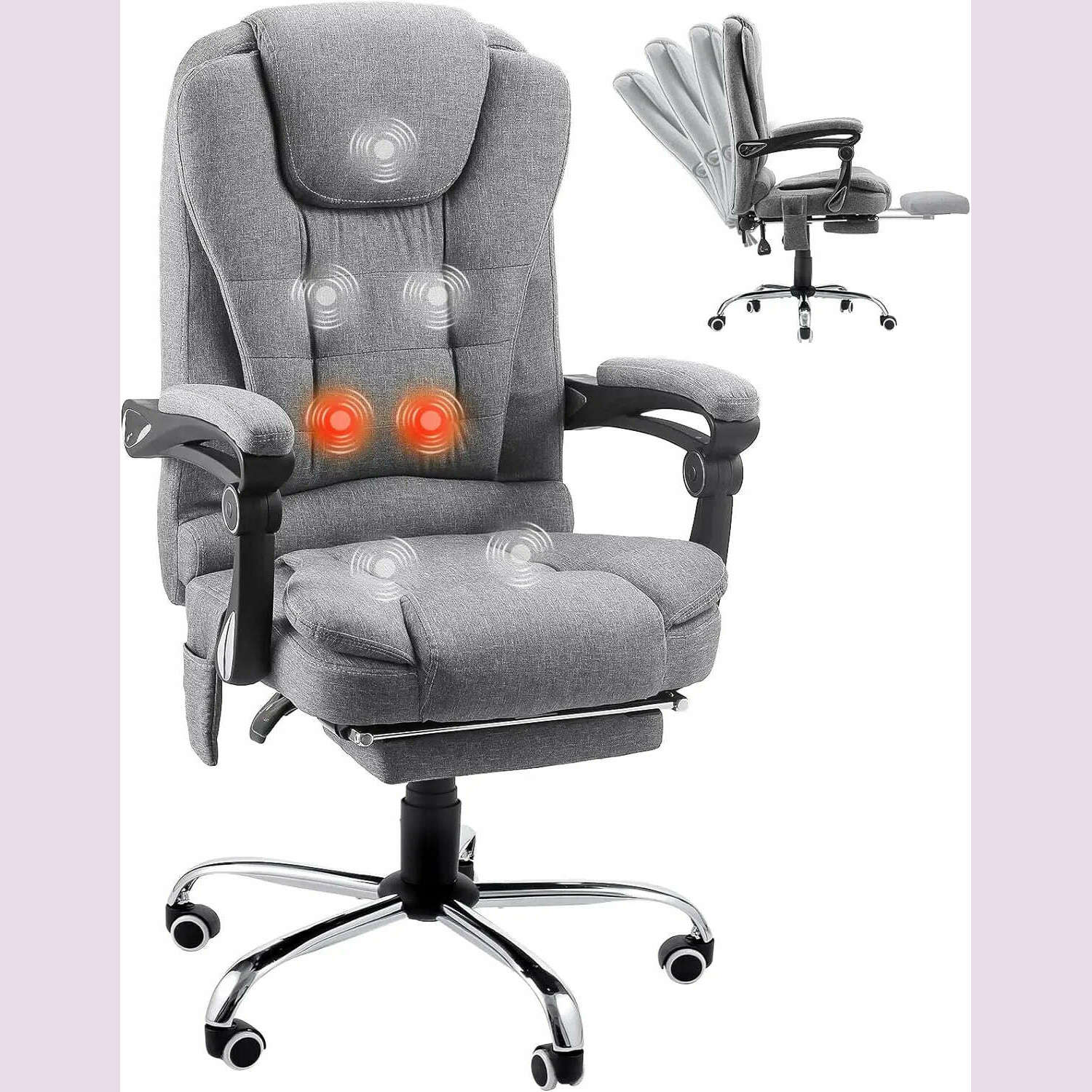 KIMLUD, Ergonomic Reclining Office Chair,with 7 Massage Points and Heat Function, w/Retractable Footrest,High Back Swivel Computer Chair, Grey Linen / United States, KIMLUD APPAREL - Womens Clothes