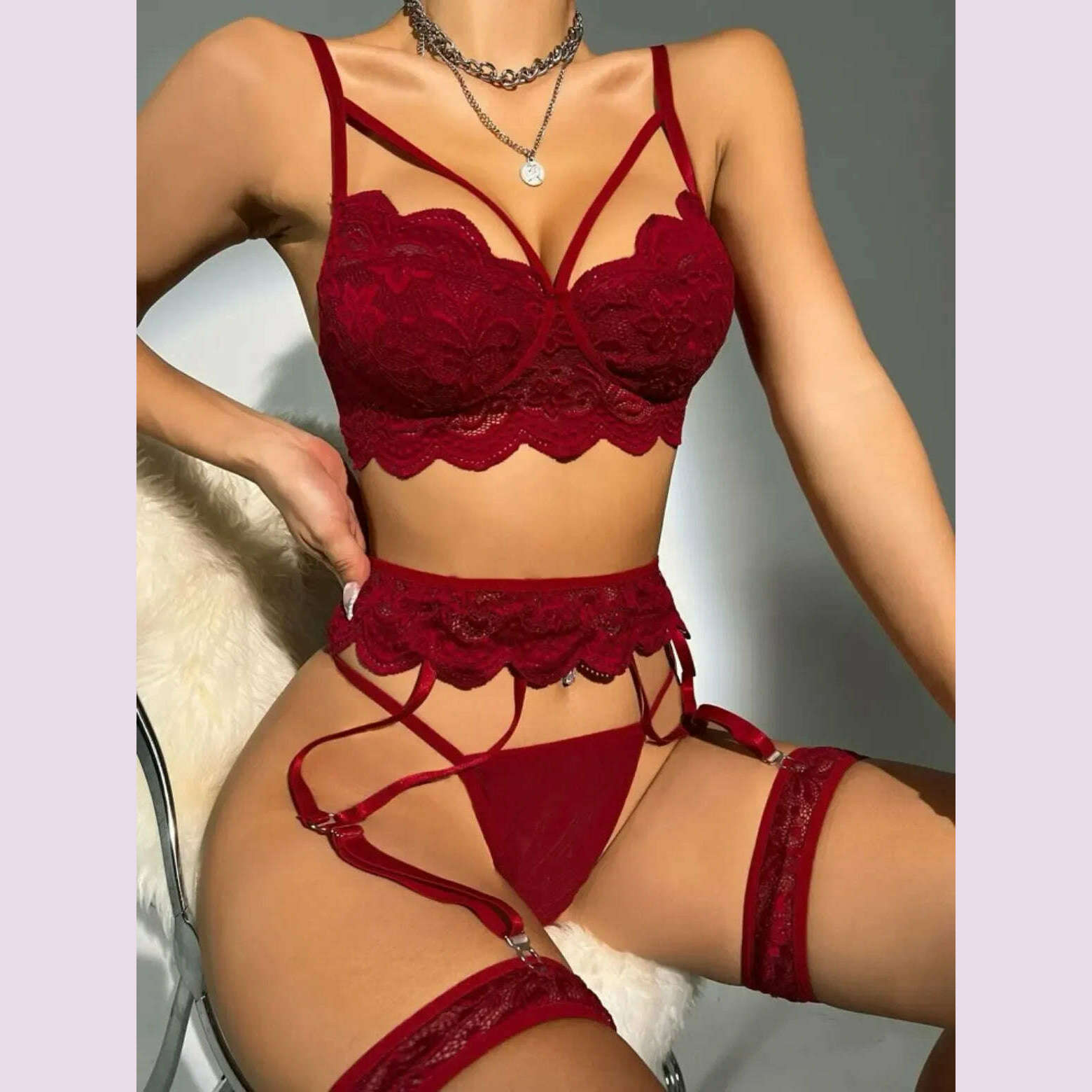 KIMLUD, Erotic Sexy Lace Bra And Panty Set Underwear Transparent Bra Exotic Sets Sexy Thong Woman Porn Fancy Sensual Luxury Lingerie, Wine red / M, KIMLUD APPAREL - Womens Clothes