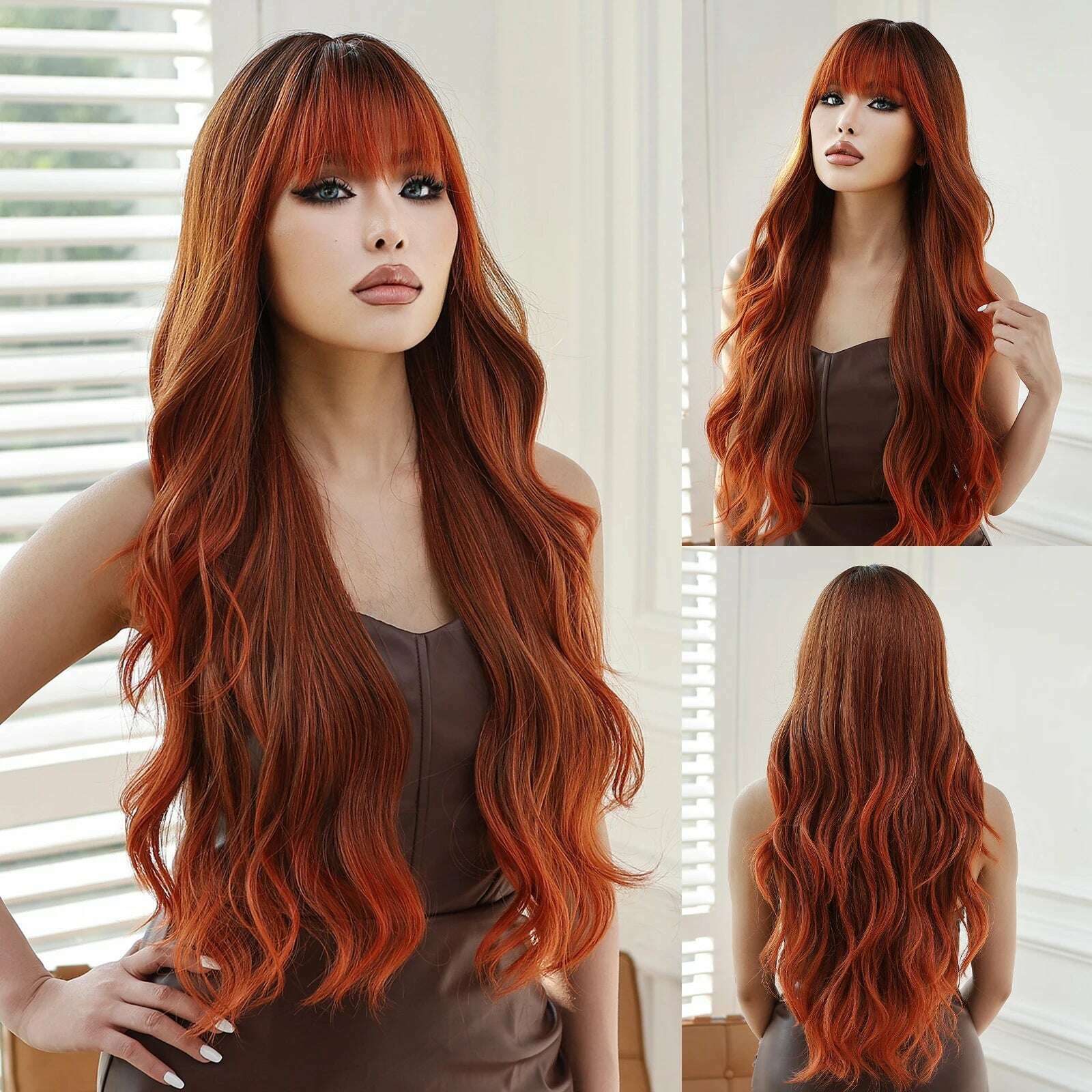 ESIN Red Brown Wavy Synthetic Wigs with Bangs Long Natural Wave Wig for Women Halloween Cosplay Party Colored Wig Heat Resistant - KIMLUD