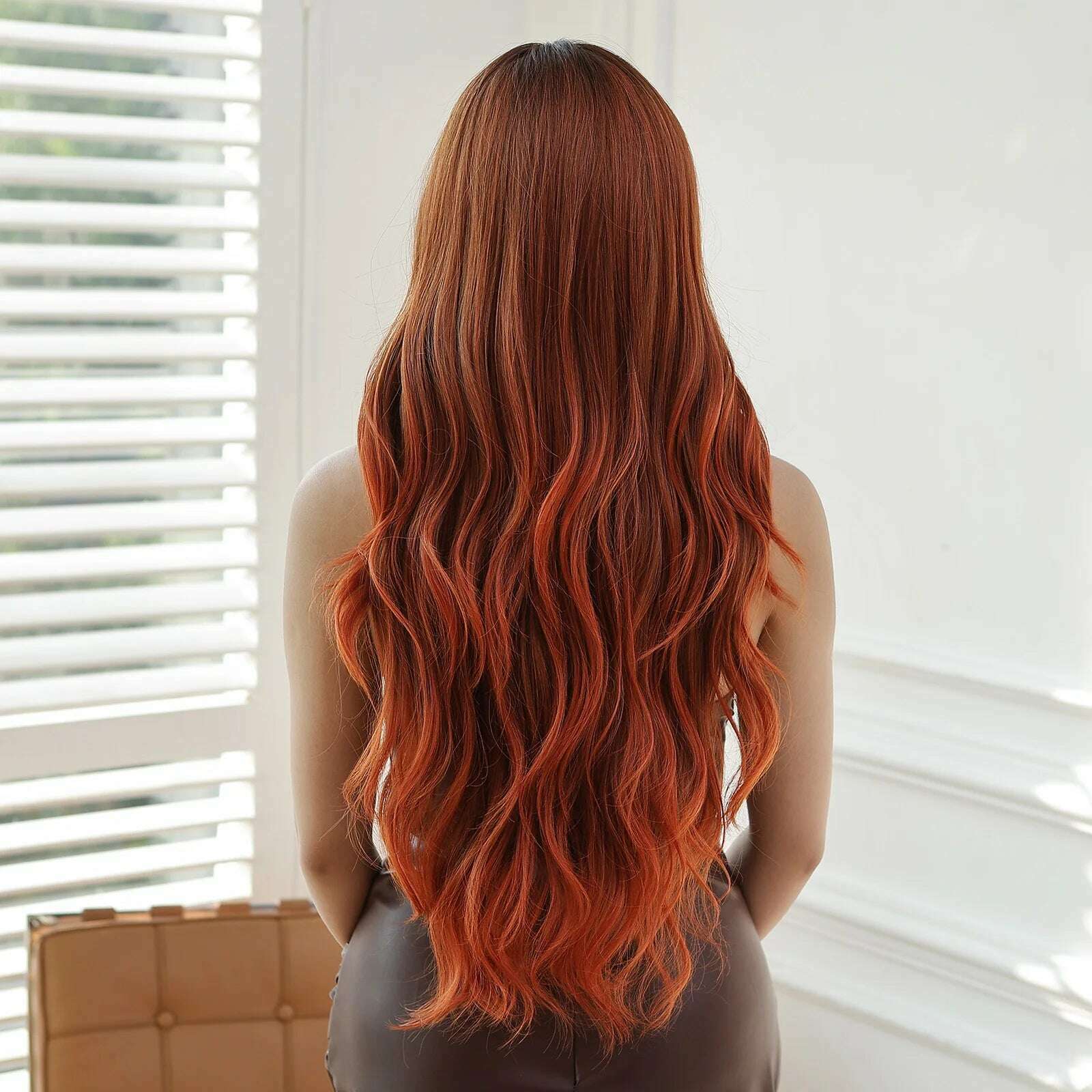 ESIN Red Brown Wavy Synthetic Wigs with Bangs Long Natural Wave Wig for Women Halloween Cosplay Party Colored Wig Heat Resistant - KIMLUD