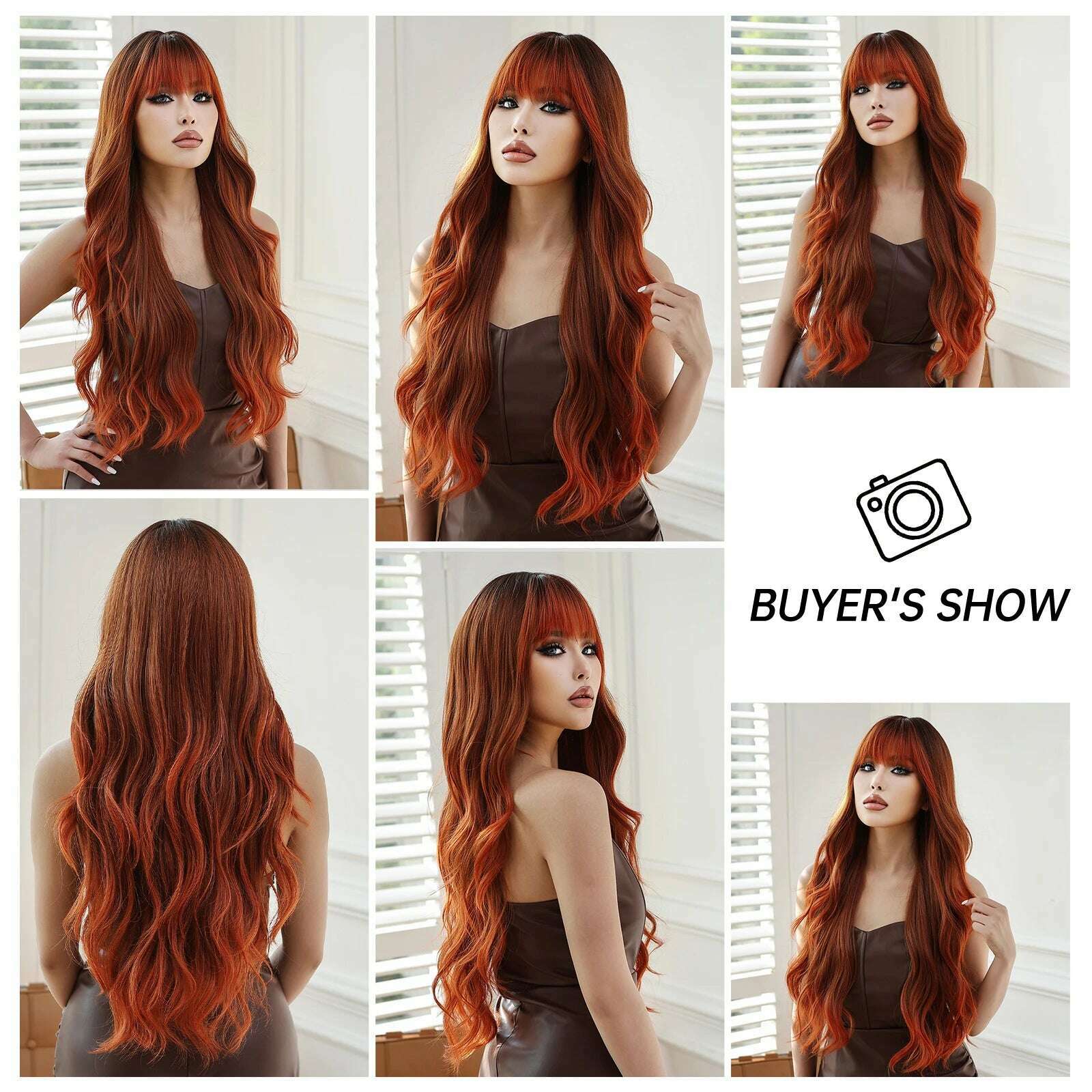 ESIN Red Brown Wavy Synthetic Wigs with Bangs Long Natural Wave Wig for Women Halloween Cosplay Party Colored Wig Heat Resistant - KIMLUD