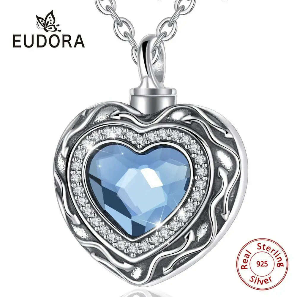 KIMLUD, Eudora Sterling Silver Heart Locket Heart cremation memorial ashes urn Blue Crystal birthstone necklace jewelry keepsake CYG004, KIMLUD Womens Clothes