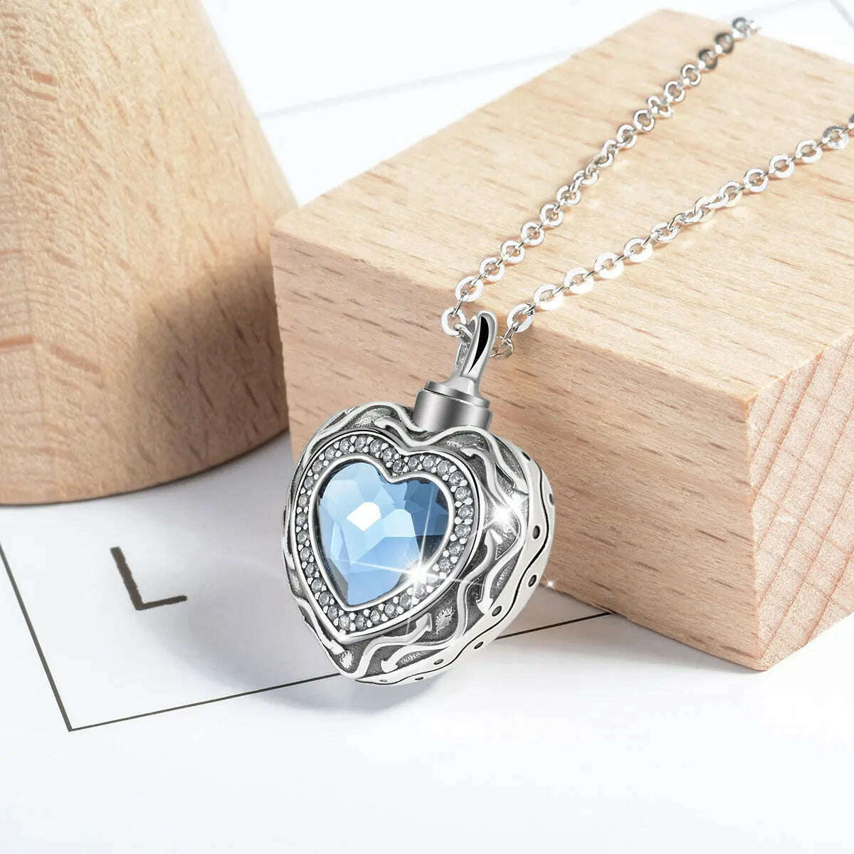 KIMLUD, Eudora Sterling Silver Heart Locket Heart cremation memorial ashes urn Blue Crystal birthstone necklace jewelry keepsake CYG004, KIMLUD Womens Clothes