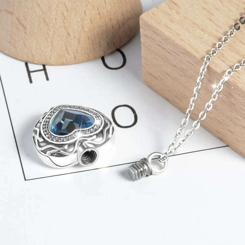 KIMLUD, Eudora Sterling Silver Heart Locket Heart cremation memorial ashes urn Blue Crystal birthstone necklace jewelry keepsake CYG004, KIMLUD Womens Clothes