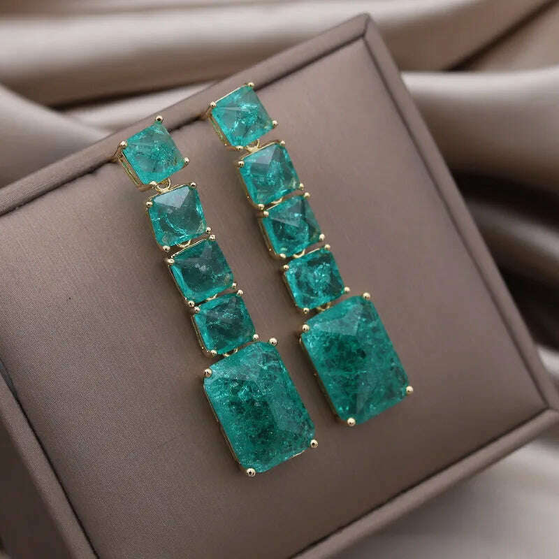 KIMLUD, European American New Design Fashion Jewelry Long Square Green Cracked Zircon Earrings Luxury Women&#39;s Wedding Party Accessories, Green, KIMLUD APPAREL - Womens Clothes