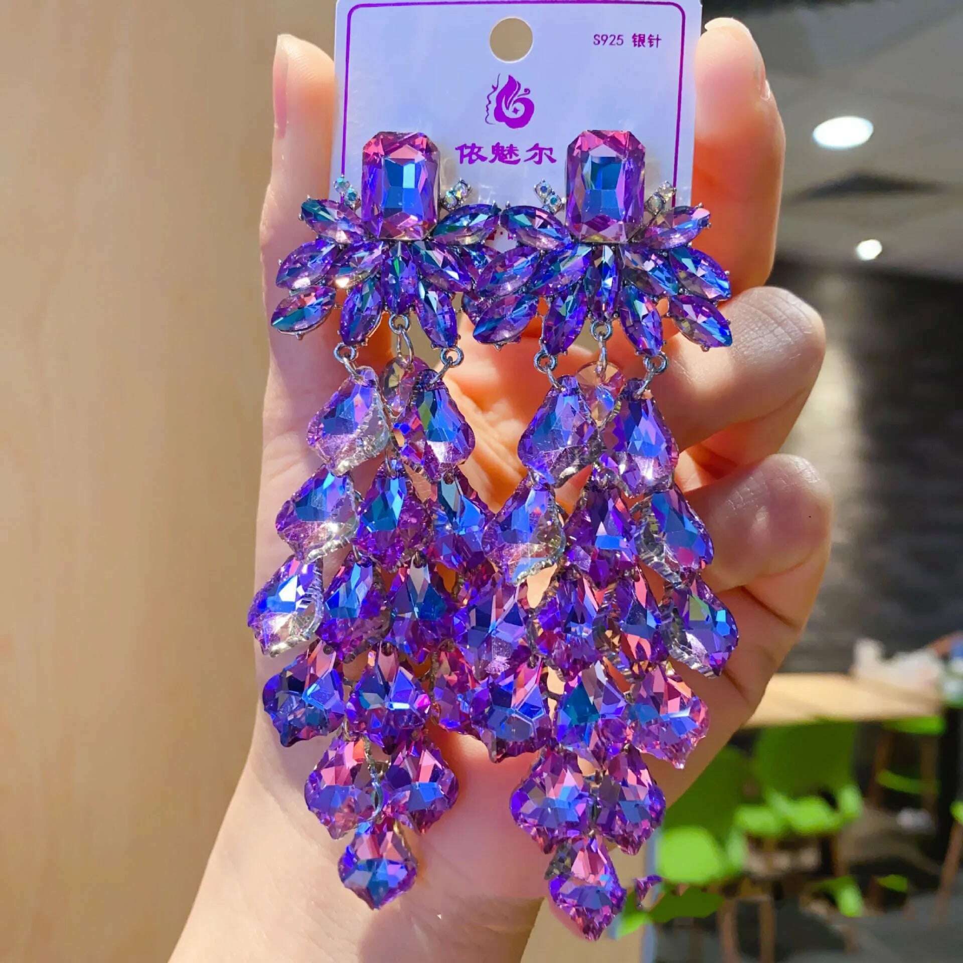 KIMLUD, European and American exaggerated colorful crystal earrings, Purple, KIMLUD APPAREL - Womens Clothes