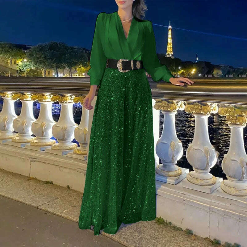 KIMLUD, European and American ladies fashion elegant sequins long -sleeved V -neck trousers long -sleeved V -neck party no belt, Green / S, KIMLUD APPAREL - Womens Clothes