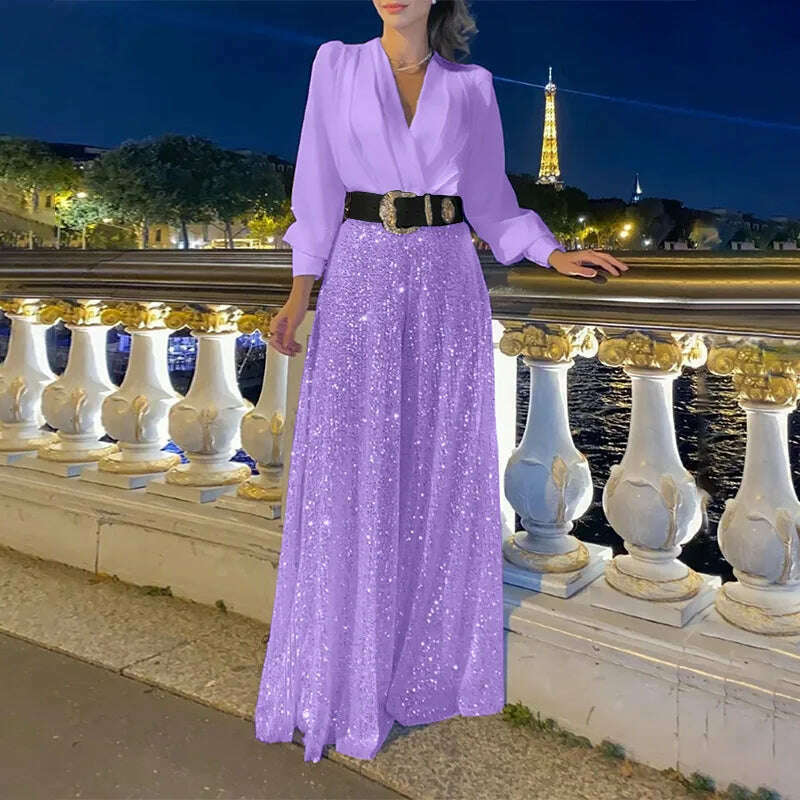 KIMLUD, European and American ladies fashion elegant sequins long -sleeved V -neck trousers long -sleeved V -neck party no belt, PURPLE / XXXL, KIMLUD APPAREL - Womens Clothes