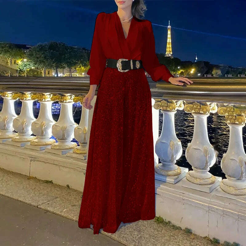 KIMLUD, European and American ladies fashion elegant sequins long -sleeved V -neck trousers long -sleeved V -neck party no belt, Claret / L, KIMLUD APPAREL - Womens Clothes