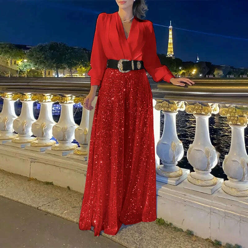 KIMLUD, European and American ladies fashion elegant sequins long -sleeved V -neck trousers long -sleeved V -neck party no belt, Red / XXL, KIMLUD APPAREL - Womens Clothes