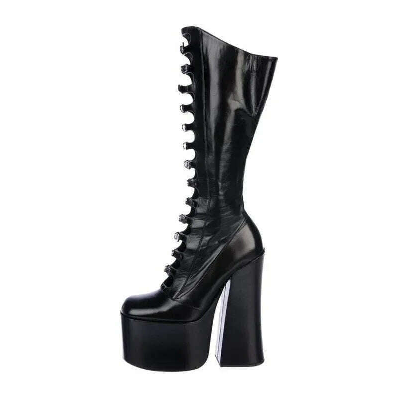 European and American Punk Style Spicy Girl Black Leather Buckle Thick Heel Cool Boots for Women Sexy Hollow Knight Boots - KIMLUD