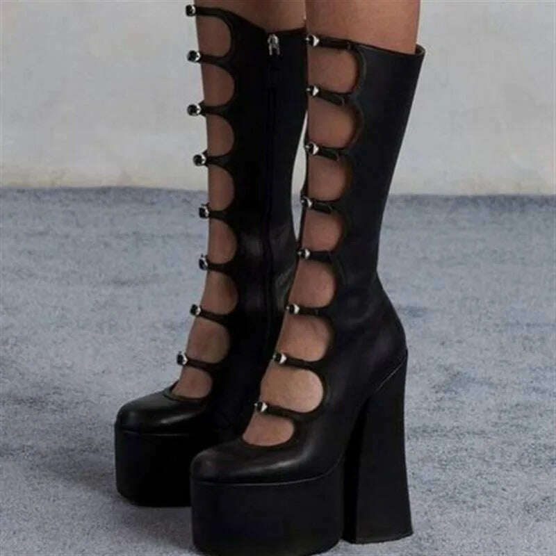 European and American Punk Style Spicy Girl Black Leather Buckle Thick Heel Cool Boots for Women Sexy Hollow Knight Boots - KIMLUD