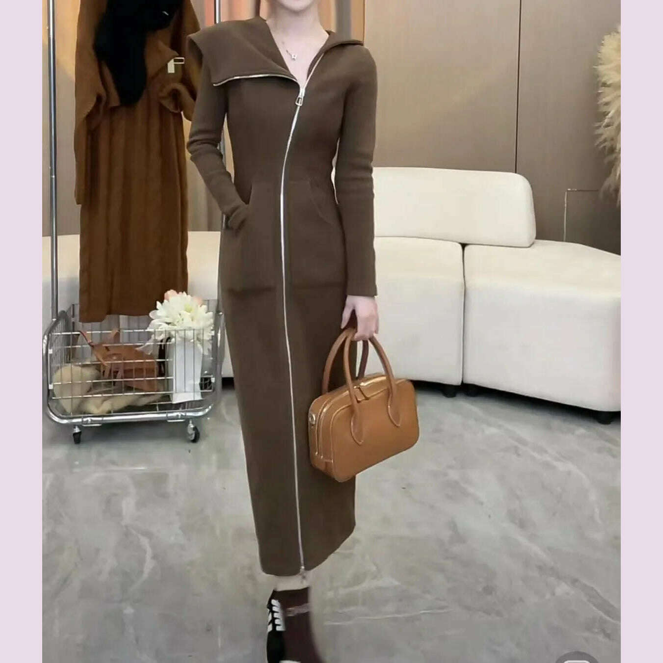 KIMLUD, European Spring and Autumn Fashion Hooded Women's Dress Slim Fit Long High Waist Long Dress, BROWN / S, KIMLUD APPAREL - Womens Clothes