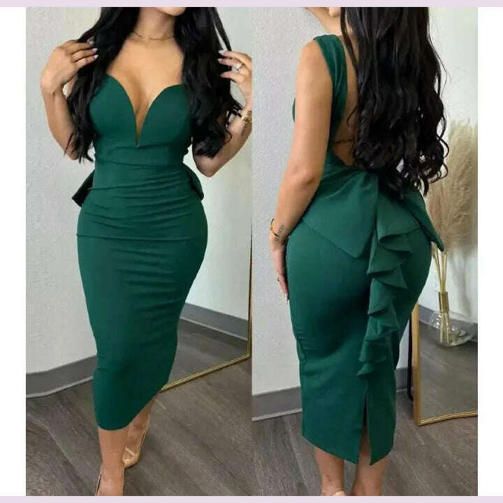 KIMLUD, Evening Dresses for Women 2024 Sexy Woman Clothing Backless Deep V Bow Elastic Split Fashion Elegant Hip Wrap Midi Bodycon Dress, KIMLUD Womens Clothes