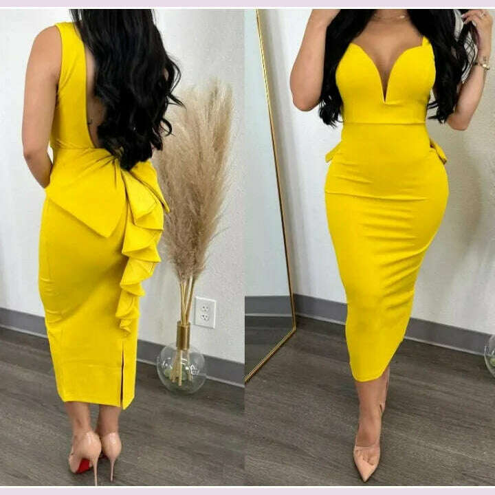 KIMLUD, Evening Dresses for Women 2024 Sexy Woman Clothing Backless Deep V Bow Elastic Split Fashion Elegant Hip Wrap Midi Bodycon Dress, KIMLUD Womens Clothes