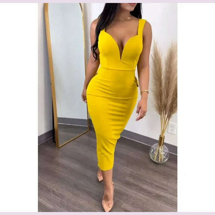 KIMLUD, Evening Dresses for Women 2024 Sexy Woman Clothing Backless Deep V Bow Elastic Split Fashion Elegant Hip Wrap Midi Bodycon Dress, KIMLUD Womens Clothes