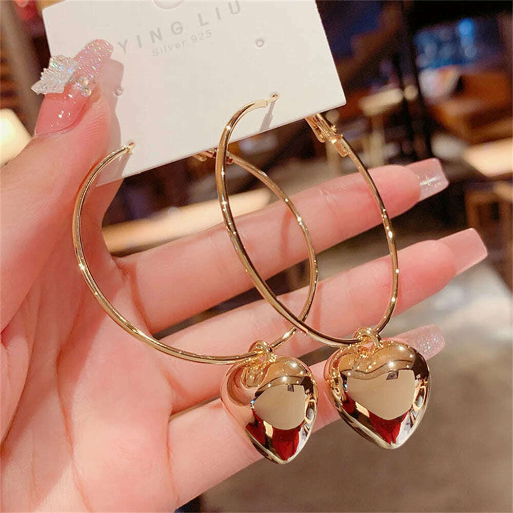 KIMLUD, Exaggerated Fashionable Ring Hollow Heart Big Earrings Temperament Women's Jewelry Exquisite Heart-shaped Korean Earrings Gifts, Gold Color, KIMLUD APPAREL - Womens Clothes