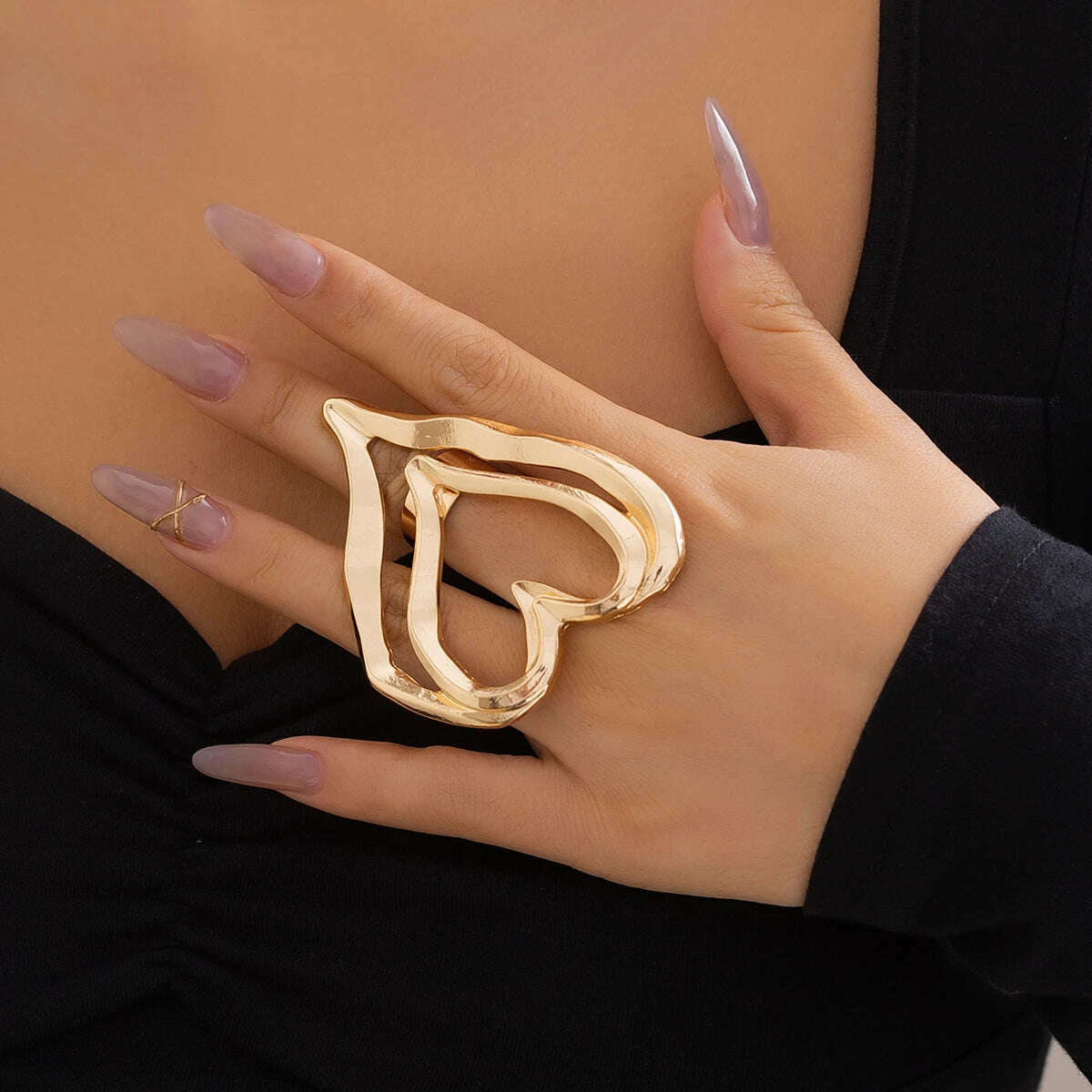 Exaggerated Large Hollow Double Hearts Finger Ring for Women Trendy Big Accessories on Hand 2023 Fashion Jewelry Decoration Gift - KIMLUD