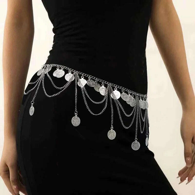 KIMLUD, Exotic Waist Ornament Ancient Coin Tassel Han Costume Accessories Belly dance Female Body Waist Chain Western Region Long Dress, Silver, KIMLUD APPAREL - Womens Clothes