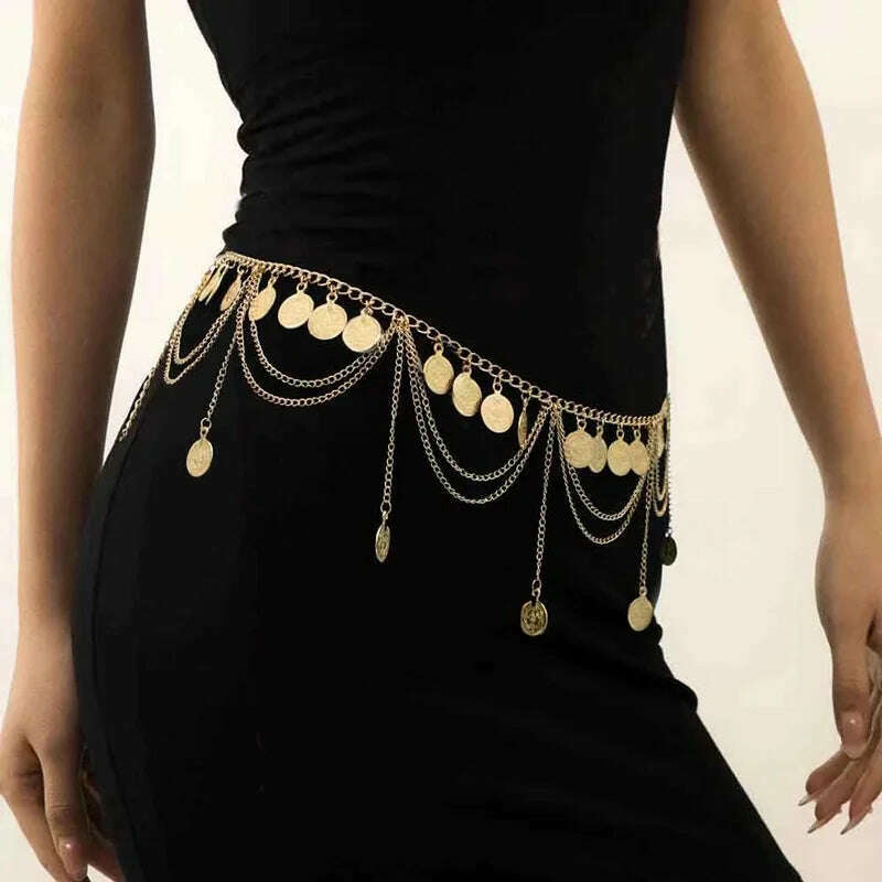 KIMLUD, Exotic Waist Ornament Ancient Coin Tassel Han Costume Accessories Belly dance Female Body Waist Chain Western Region Long Dress, Gold, KIMLUD APPAREL - Womens Clothes