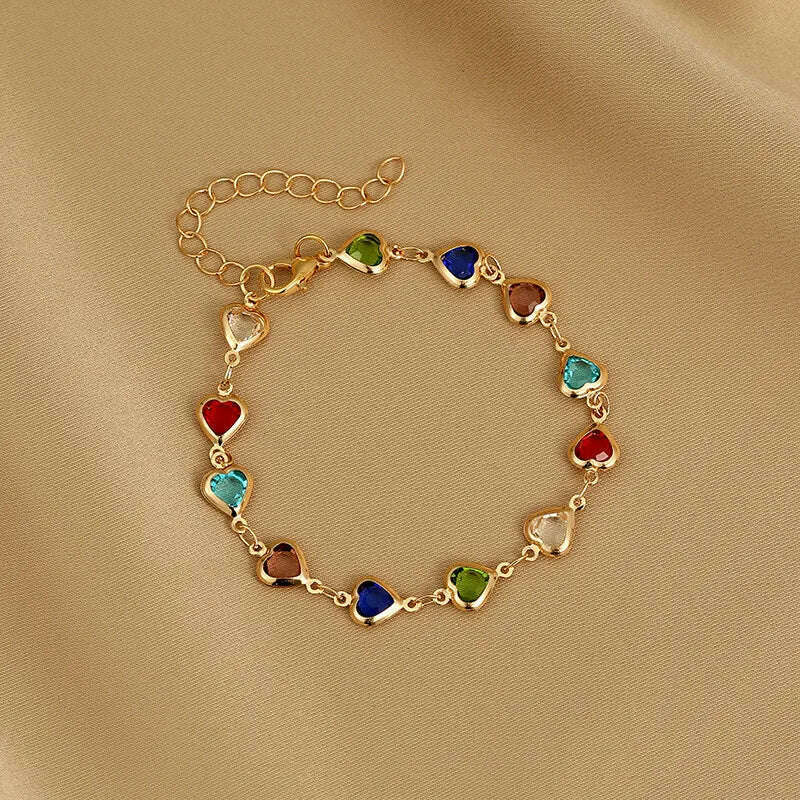 Exquisite Boho Candy Color Heart Shaped Crystal Bracelet for Women Fashion Charm Zircon Butterfly Pearl Metal Chain Bracelets - KIMLUD